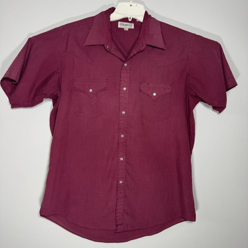 Vintage Sheplers Shirt Mens Size 16 1/2 Pearl Snap Button Western Cowboy Maroon